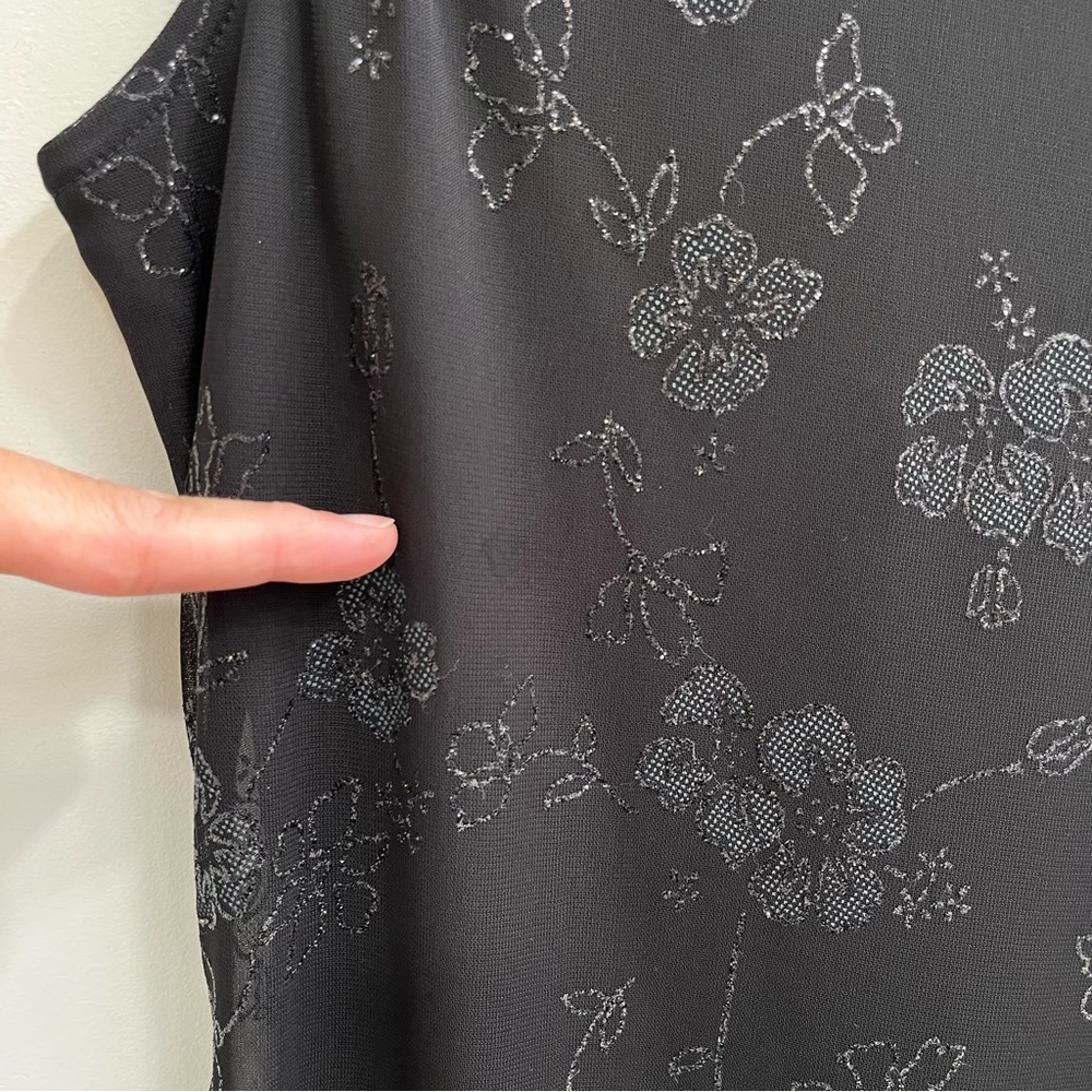Vintage Y2K Black Floral Silver Glitter Sheer Overlay Mesh Dress Ruffle Hem L - Picture 11 of 11